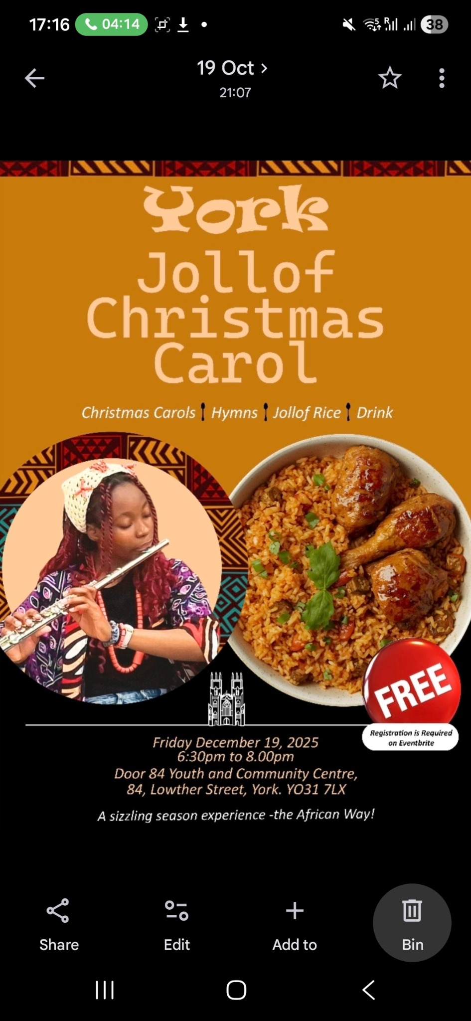 Original York Jollof Christmas Carol 2025 flyer, image 1